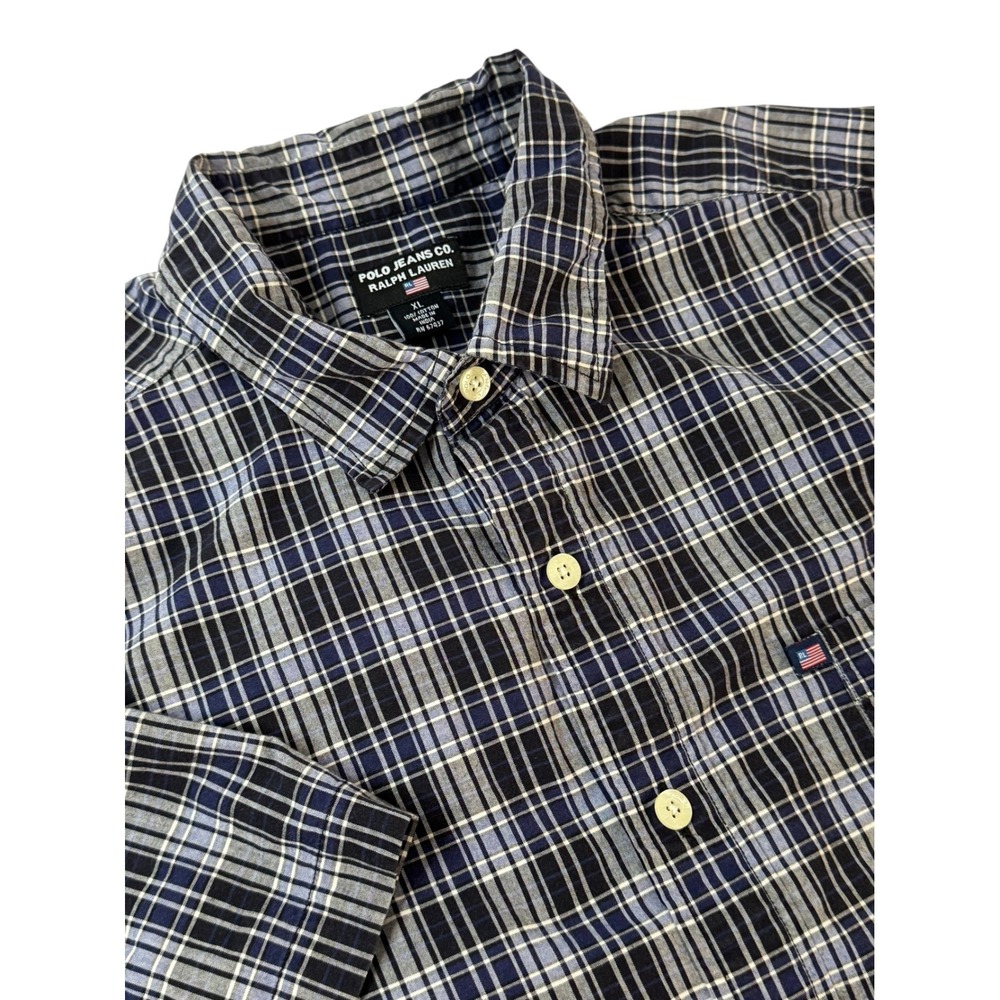 Polo Jeans Co. Vintage Ralph Lauren Plaid Short Sleeve Button‎ Up Blue Mens XL